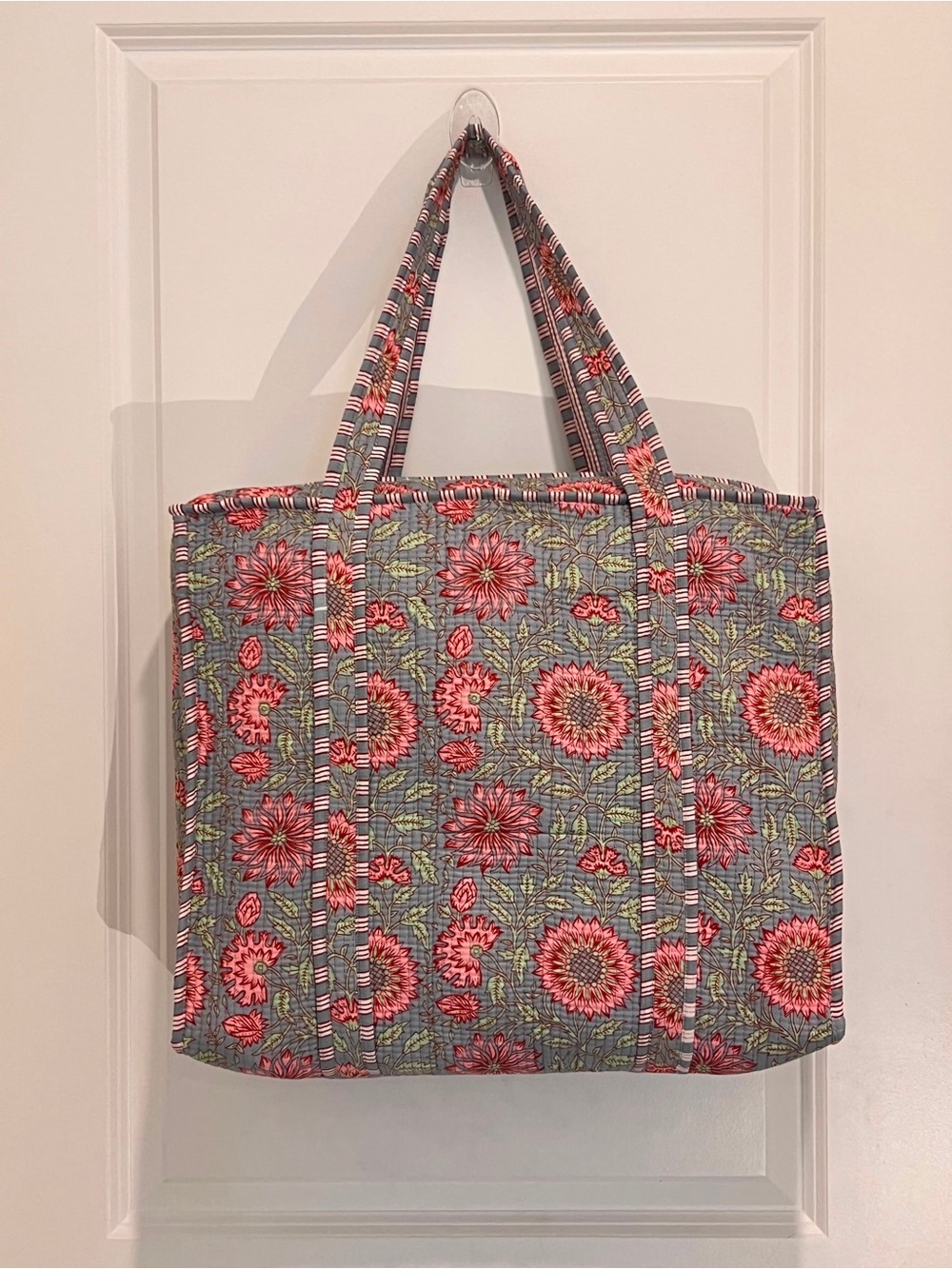 Quilted Floral Tote Bag in Pink and Gray